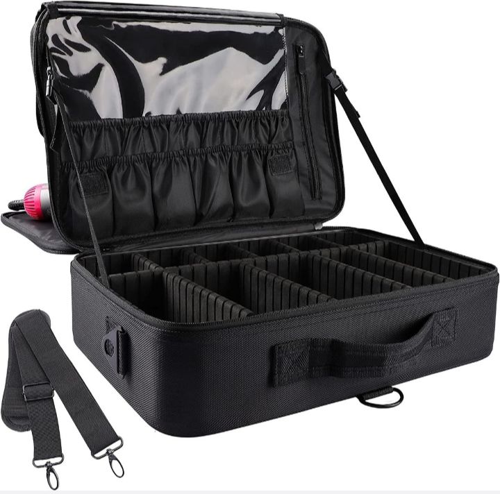 make up cosmetic travel bag with divider and shoulder strap -3 layer - black