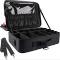 make up cosmetic travel bag with divider and shoulder strap -3 layer - black