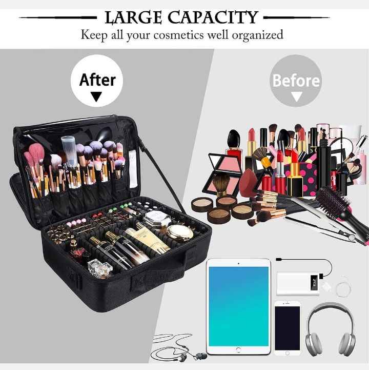 make up cosmetic travel bag with divider and shoulder strap -3 layer - black