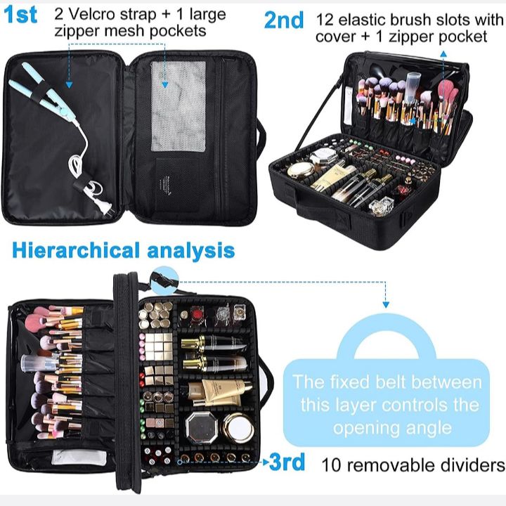 make up cosmetic travel bag with divider and shoulder strap -3 layer - black