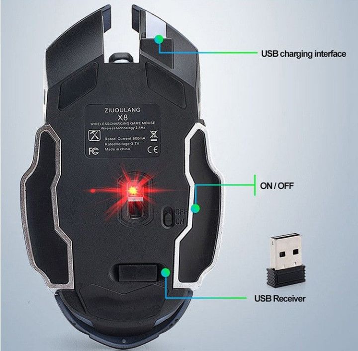x 8 ergonomic wireless 2.4  , 2400 DPI gaming mouse silent - black