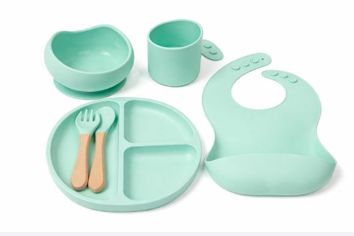 baby 6 piece silicon baby feeding set - mint green