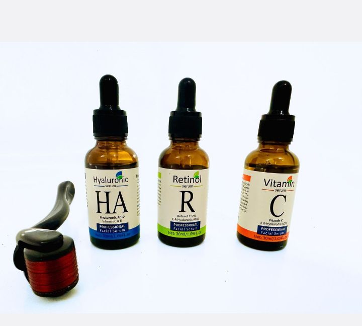 face serum set ; vitamin c , retinol & hyaluronic acid with derm roller